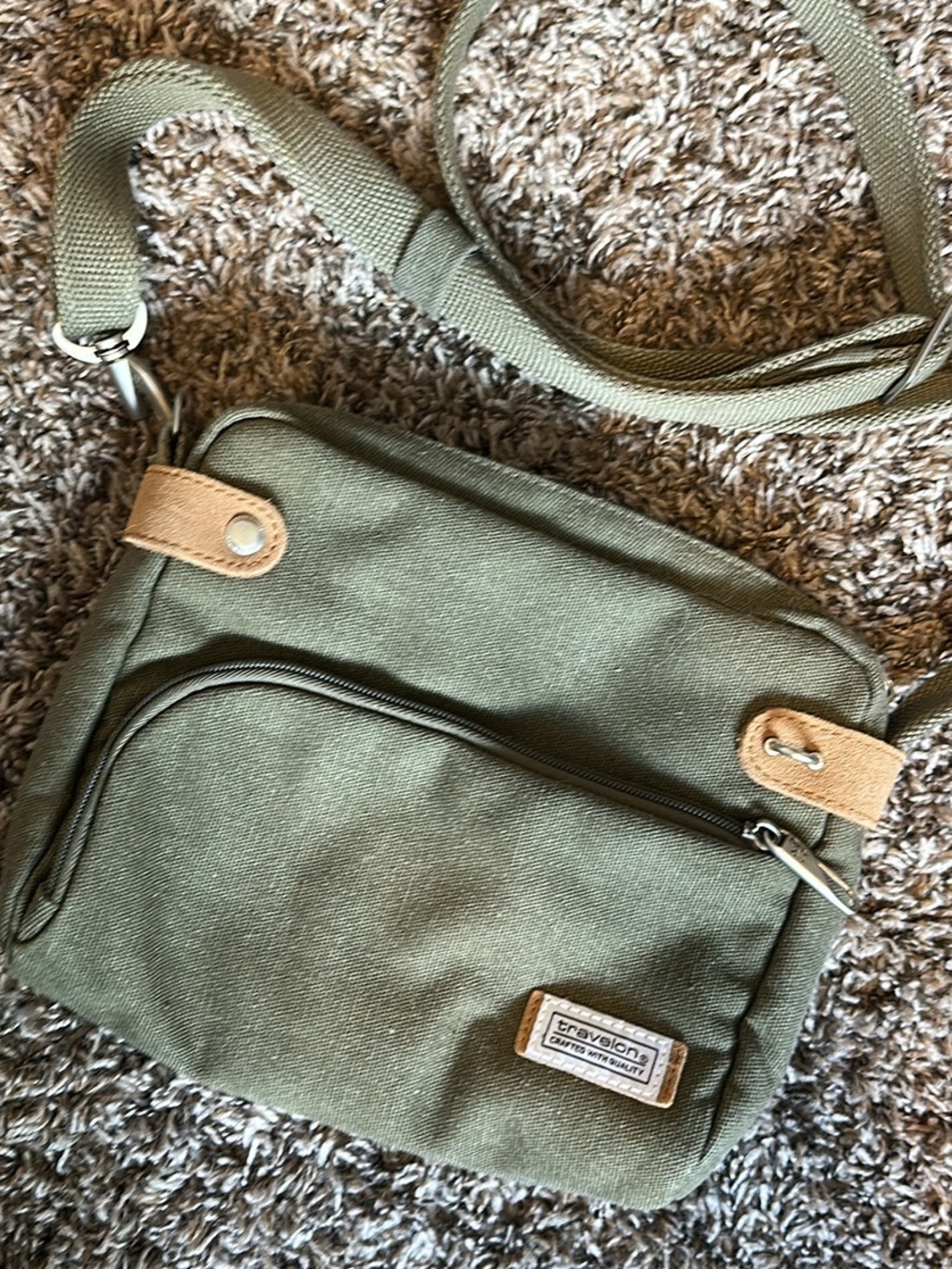 Travelon Olive Crossbody Messenger Bag with Tan Trim